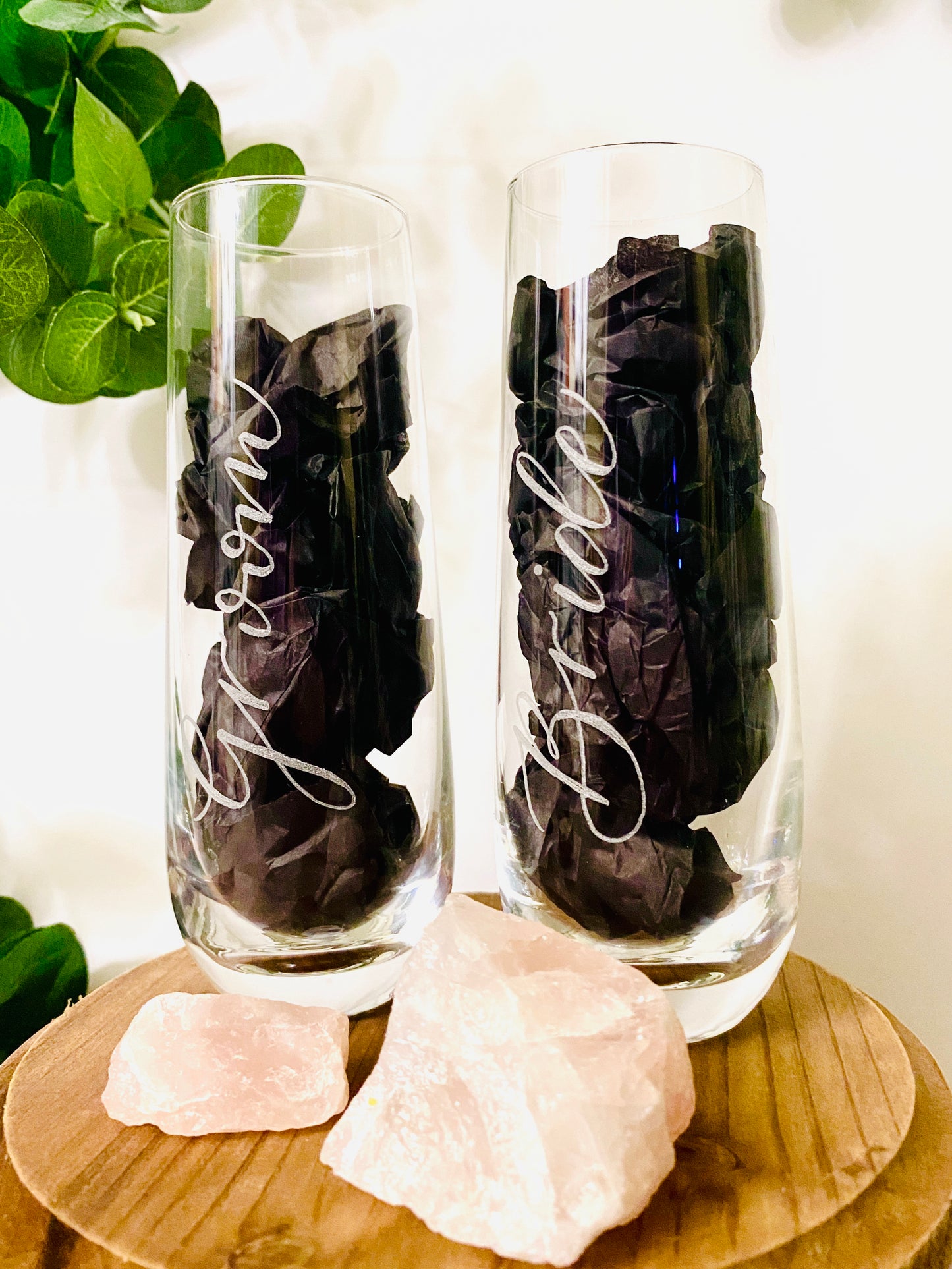 Custom Hand Engraved Stemless 9.4oz Crystal Champagne Flutes - Set of 2